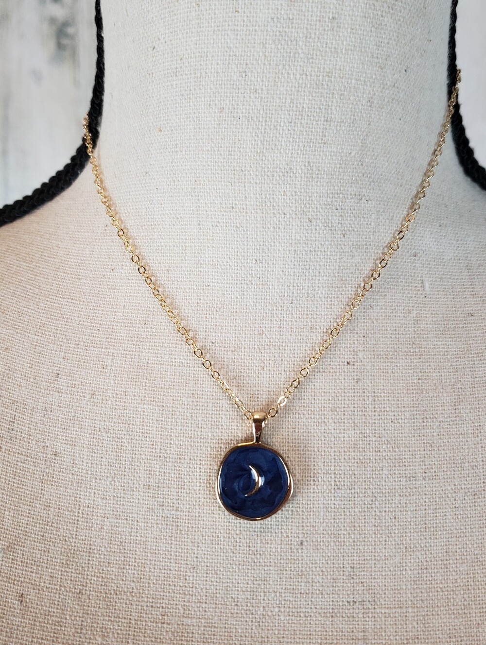 Gold Necklace with Navy Crescent Moon Pendant - Women Jewelry